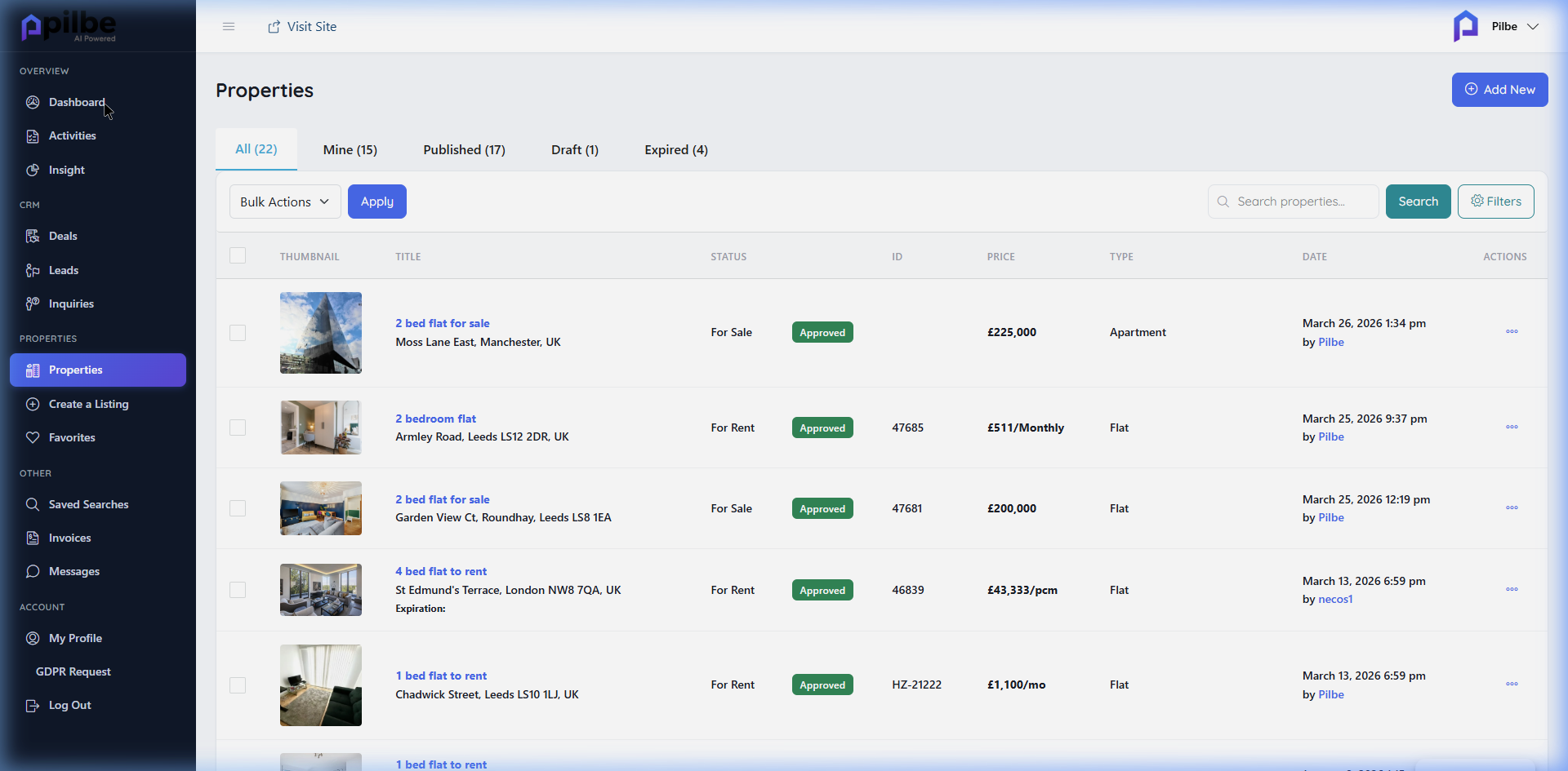 Pilbe CRM Dashboard — manage listings, track buyer engagement, and monitor performance